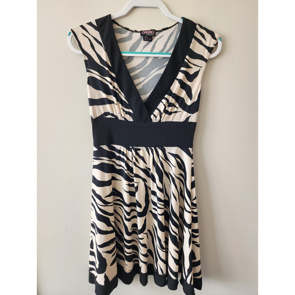 OXOXO Collection Dress Size Medum Zebra Print V-Neck Empire Waist Fit & Flare
